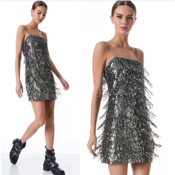 NWT $1000 Alice + Olivia Chicago Sequin Fringe Mini Dress Gunmetal Silver Sz 0 - Picture 4 of 16